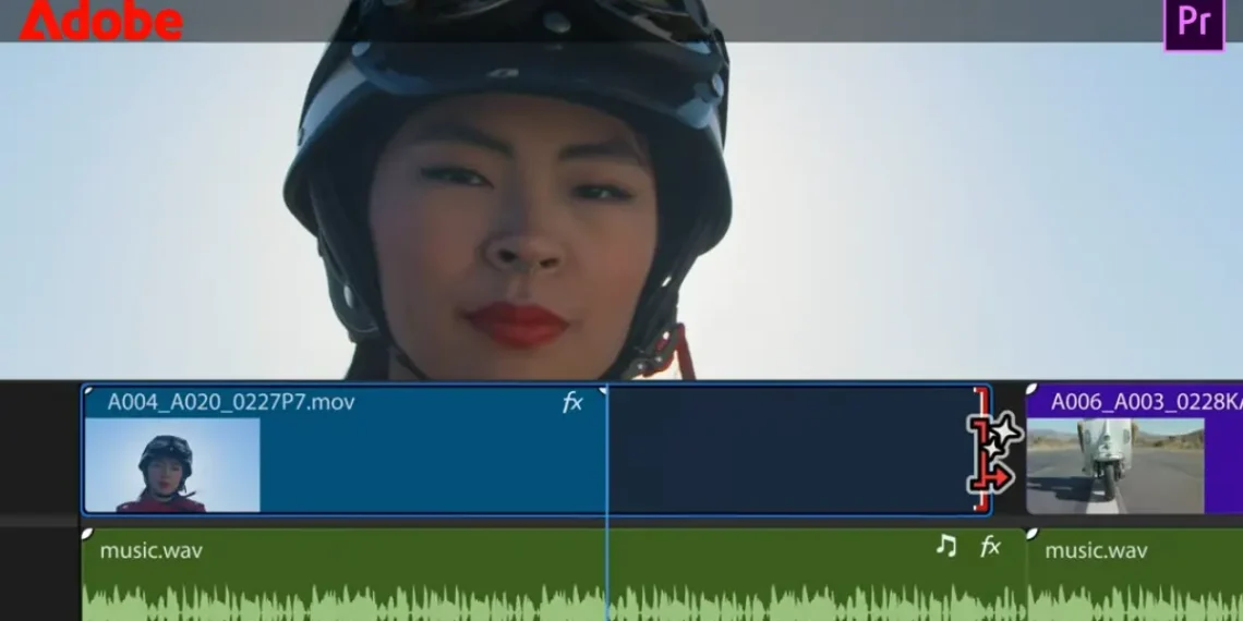 صورة توضح واجهة برنامج Adobe Premiere Pro مع عرض لأداة البحث الذكي والتمديد التوليدي.