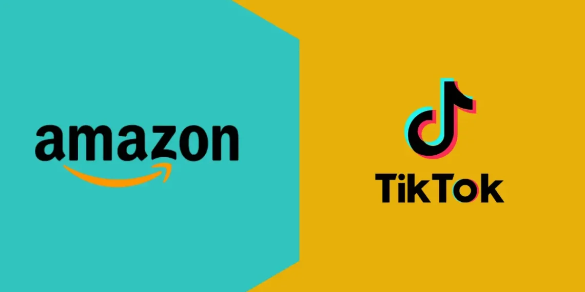 شعار أمازون وتيك توك مع خلفية توضح مفاوضات الاستحواذ قبل الموعد النهائي للحظر الأمريكي