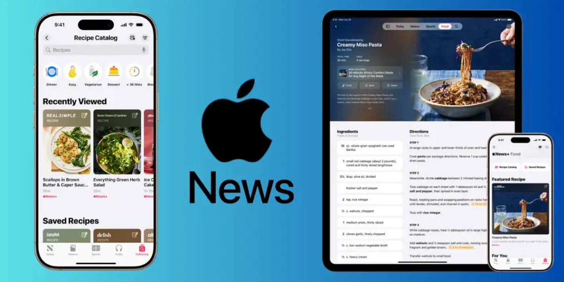 واجهة تطبيق Apple News Plus على آيفون تعرض قسم الطعام مع كتالوج الوصفات