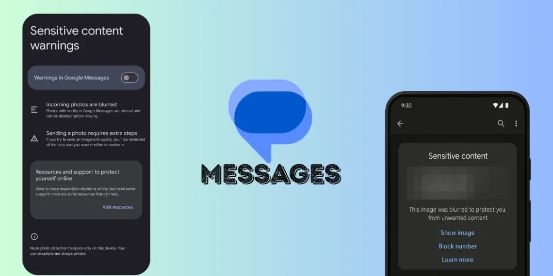 واجهة تطبيق رسائل جوجل توضح ميزة تحذير المحتوى الحساس وتعتيم الصور غير اللائقة تلقائيًا