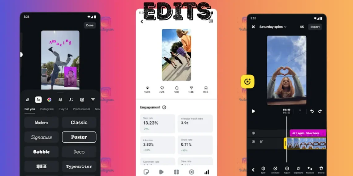 لقطة شاشة من تطبيق Edits تعرض أدوات تحرير الفيديو المتقدمة على الهاتف