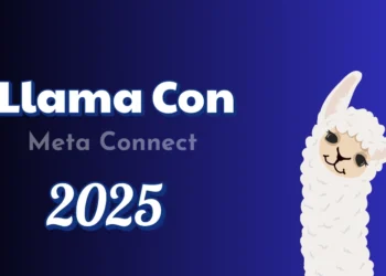 صورة تعبيرية لمؤتمر LlamaCon 2025 مع شعار ميتا وعناصر تعبر عن الذكاء الاصطناعي