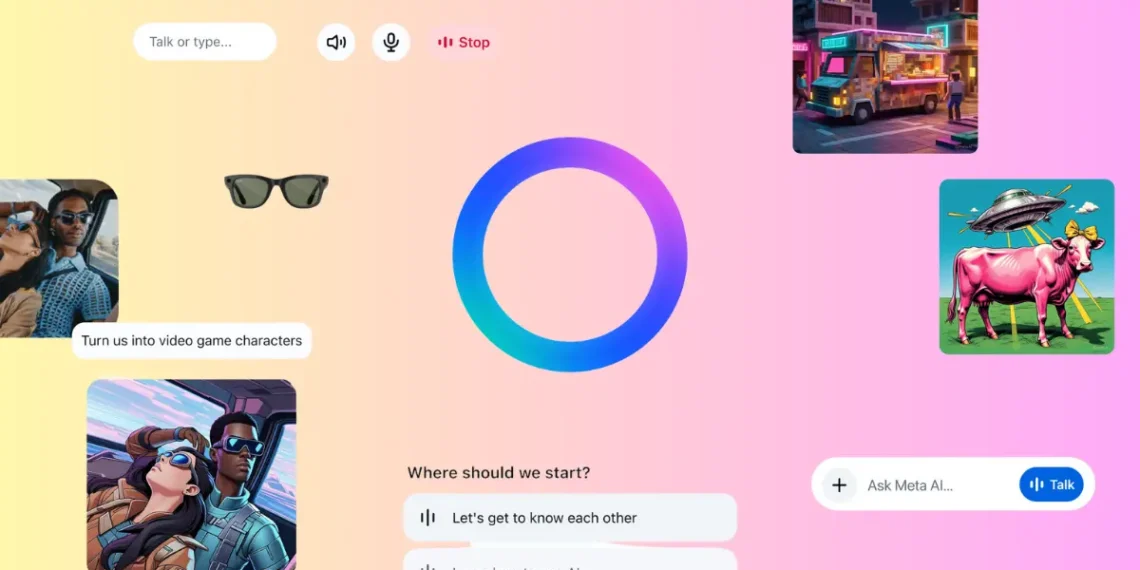 شاشة تعرض واجهة تطبيق ميتا Meta AI الجديد مع ميزات المحادثة الصوتية والتخصيص الذكي
