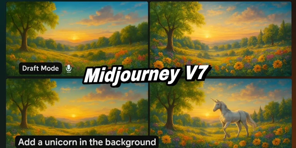 صورة توضح عملية توليد الصور باستخدام نموذج Midjourney V7 مع ميزة وضع المسودة وأدوات التحسين الصوتي.