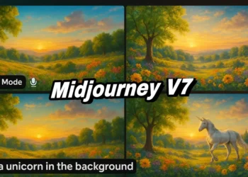 صورة توضح عملية توليد الصور باستخدام نموذج Midjourney V7 مع ميزة وضع المسودة وأدوات التحسين الصوتي.