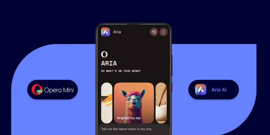 واجهة متصفح Opera Mini على هاتف أندرويد تعرض مساعد Aria الذكي - مصدر الصورة: أوبرا