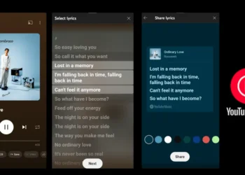 واجهة ميزة مشاركة كلمات الأغاني في تطبيق YouTube Music على أندرويد مع خلفية قابلة للتخصيص وخيارات حفظ أو مشاركة الصورة