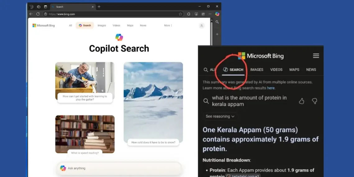 لقطة شاشة تعرض واجهة Copilot Search الجديدة في محرك بحث Bing