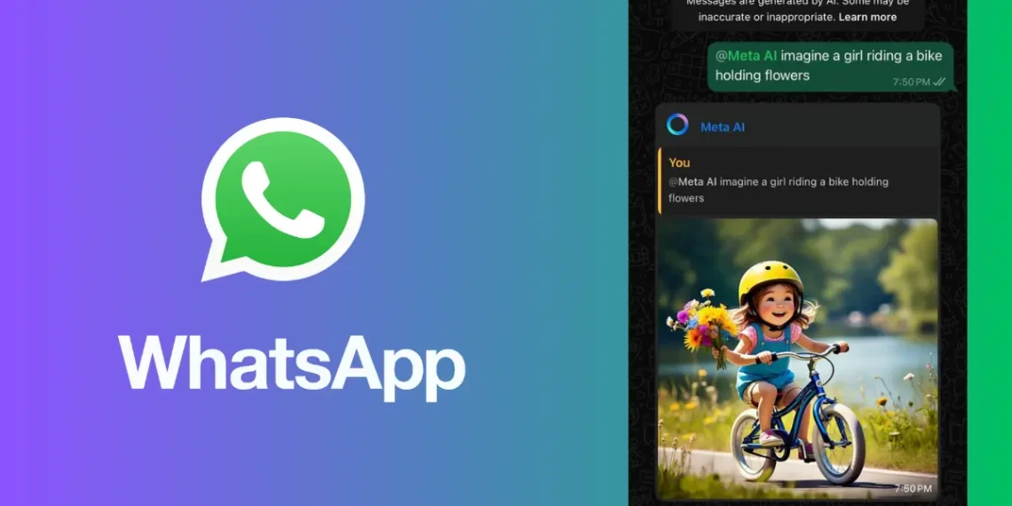 صورة توضيحية تظهر كيفية إنشاء صور باستخدام Meta AI في دردشات واتساب عبر أندرويد و iOS.