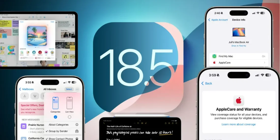 واجهة iPhone تعرض إعدادات البريد وخيارات AppleCare الجديدة في تحديث iOS 18.5 التجريبي