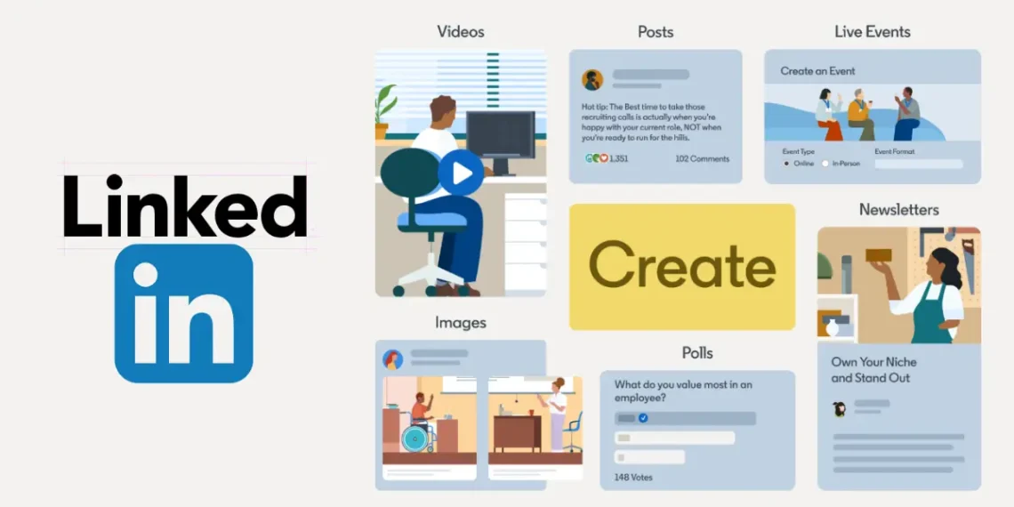 واجهة مركز Create on LinkedIn تعرض أدوات لتحسين استراتيجية المحتوى وتحليل الأداء وإنشاء منشورات نصية وفيديو ونشرات فعالة