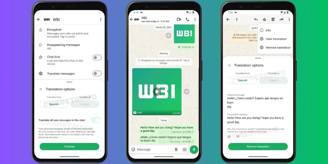 صورة من داخل تطبيق واتساب توضح واجهة ميزة ترجمة الرسائل مع اختيار اللغة على هاتف أندرويد