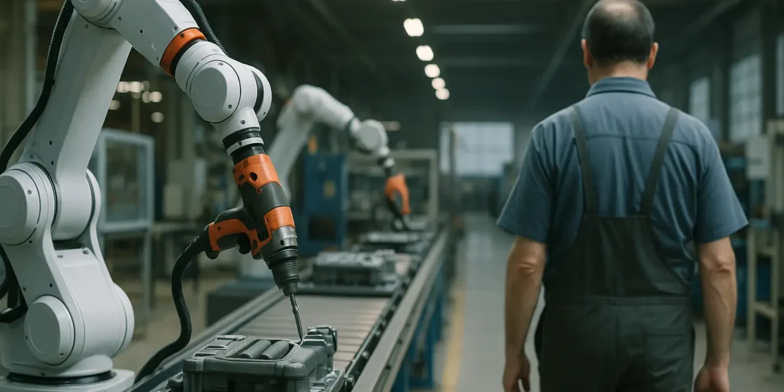 روبوت صناعي يباشر العمل بدلًا من عامل بشري في مصنع حديث – تجسيد رمزي لمستقبل الاستغناء عن البشر في سوق العمل
