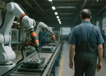 روبوت صناعي يباشر العمل بدلًا من عامل بشري في مصنع حديث – تجسيد رمزي لمستقبل الاستغناء عن البشر في سوق العمل