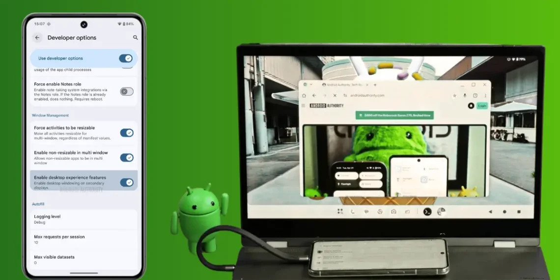 صورة توضح ميزة وضع سطح المكتب Desktop Mode لتحويل الهاتف إلى كمبيوتر