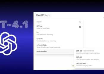 شاشة واجهة ChatGPT مع تفعيل نموذج GPT-4.1 الجديد لتحسين تجربة الترميز والذكاء الاصطناعي
