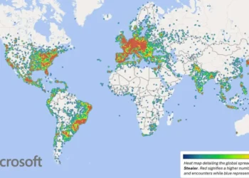 خريطة تُظهر انتشار برمجية Lumma على أجهزة ويندوز حول العالم مع شعار مايكروسوفت وجهود التصدي للهجمات الإلكترونية