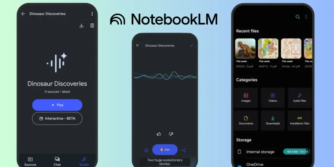 هاتف ذكي يعرض تطبيق NotebookLM من جوجل بواجهة استخدام تحتوي على أدوات تلخيص صوتي وتفاعل مع المستندات