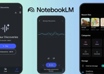هاتف ذكي يعرض تطبيق NotebookLM من جوجل بواجهة استخدام تحتوي على أدوات تلخيص صوتي وتفاعل مع المستندات