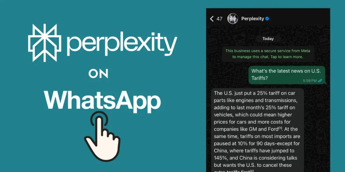 واجهة دردشة واتساب تظهر محادثة مع روبوت Perplexity AI يرد على أسئلة المستخدم ويعرض صورة مولدة
