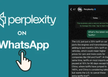 واجهة دردشة واتساب تظهر محادثة مع روبوت Perplexity AI يرد على أسئلة المستخدم ويعرض صورة مولدة
