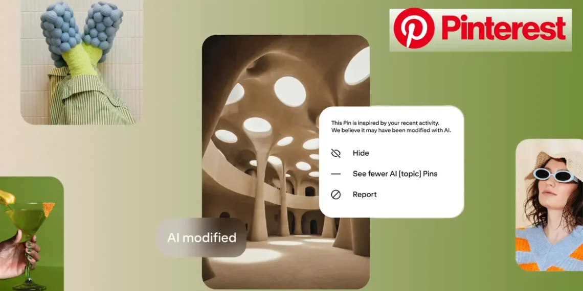 واجهة تطبيق Pinterest تظهر منشورات متنوعة مع ظهور وسم "تم تعديله" على إحدى الصور لتوضيح تصنيف المحتوى