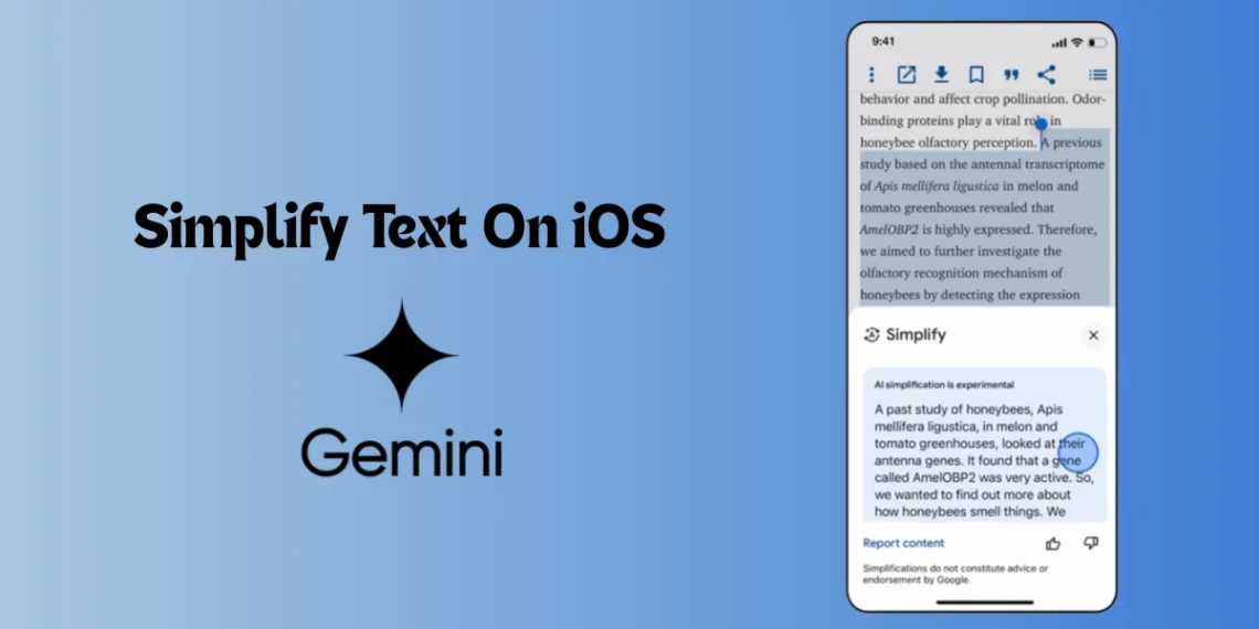 واجهة تطبيق Google على iOS تعرض ميزة Simplify أثناء تبسيط فقرة معقدة باستخدام الذكاء الاصطناعي