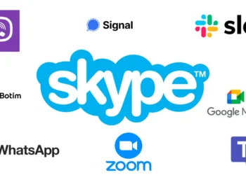صورة توضح إغلاق سكايب مع عرض شعارات أبرز البدائل مثل Zoom وGoogle Meet وواتساب