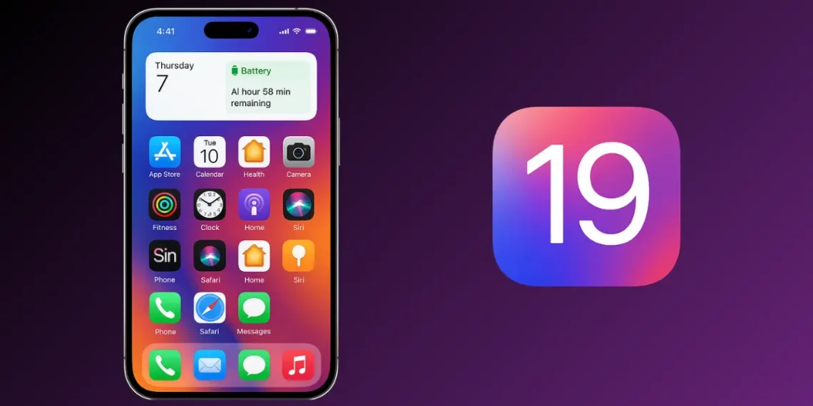 صورة توضح واجهة iOS 19 على آيفون مع عرض مميزات البطارية والكاميرا والذكاء الاصطناعي الجديدة