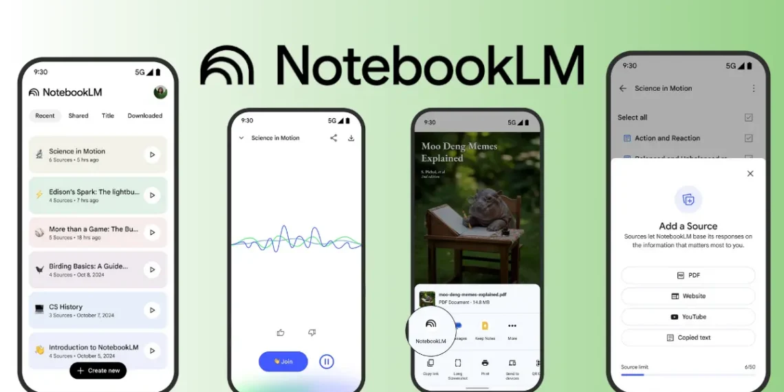 واجهة تطبيق NotebookLM من جوجل تعرض تحويل الملفات إلى عروض مرئية تعليمية تفاعلية