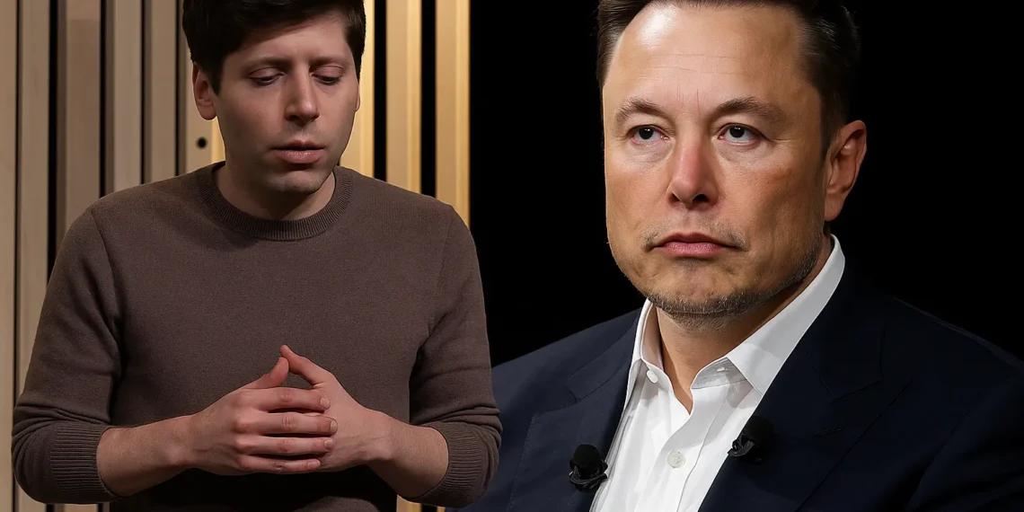 صورة توضيحية لسام ألتمان وإيلون ماسك أمام خلفية رقمية تمثل الذكاء الاصطناعي والعملات الرقمية