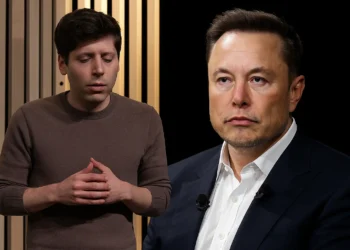 صورة توضيحية لسام ألتمان وإيلون ماسك أمام خلفية رقمية تمثل الذكاء الاصطناعي والعملات الرقمية