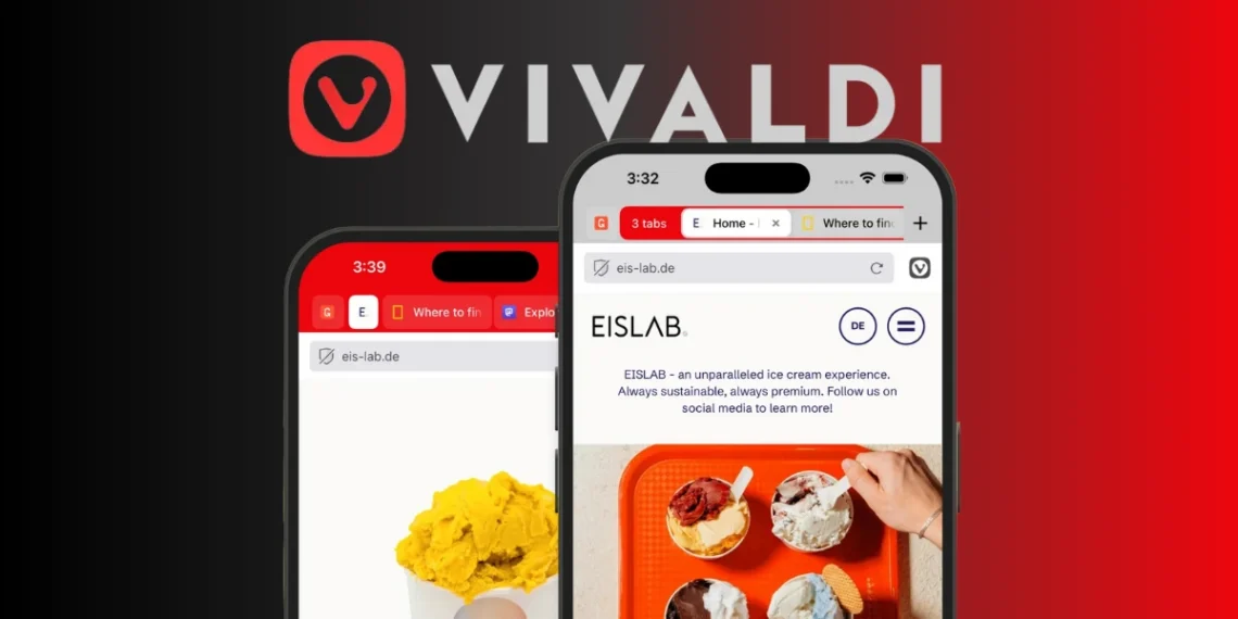 واجهة متصفح Vivaldi 7.4 على آيفون تُظهر تشغيل يوتيوب بالخلفية وتصميم التبويبات الجديد