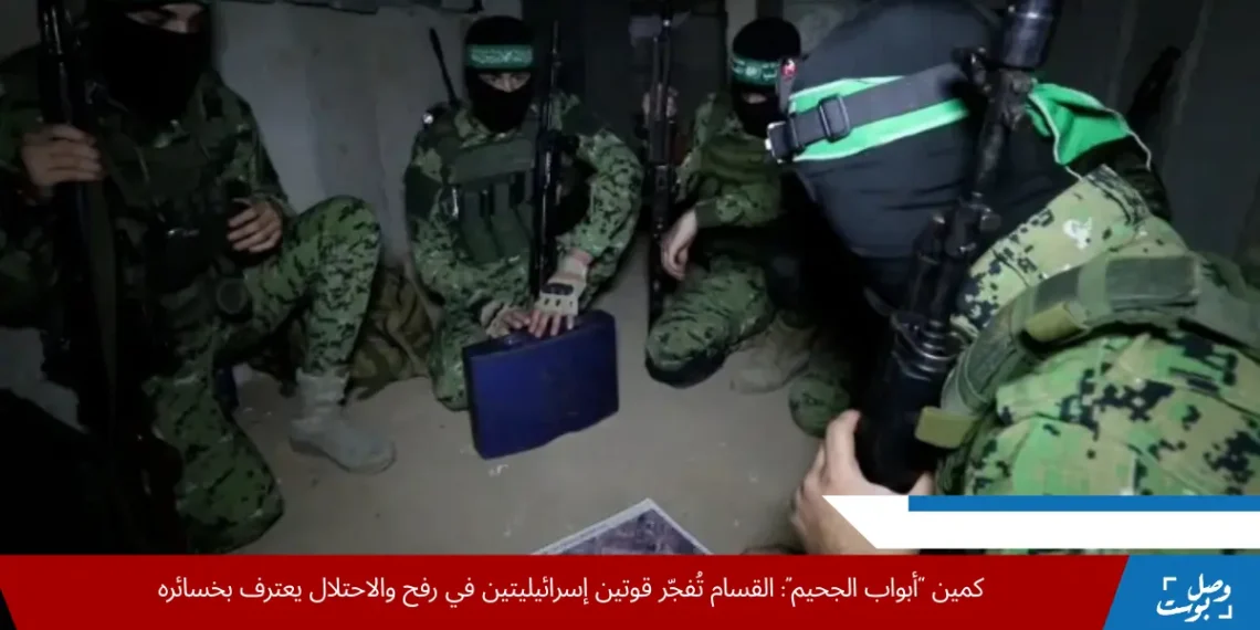 عناصر من وحدة النخبة في كتائب القسام أثناء تمركزهم داخل نفق هجومي بقطاع غزة، كما ظهر في صور متداولة على مواقع التواصل