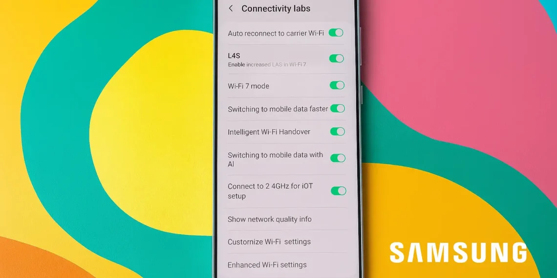 شة إعدادات Connectivity Labs في هاتف سامسونج تعرض خيارات التحكم المتقدمة لشبكة Wi-Fi