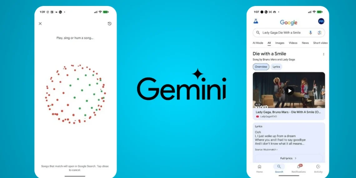 شاشة هاتف تعرض ميزة التعرف على الأغاني في مساعد Gemini مع ظهور اسم الأغنية والفنان عبر تطبيق جوجل