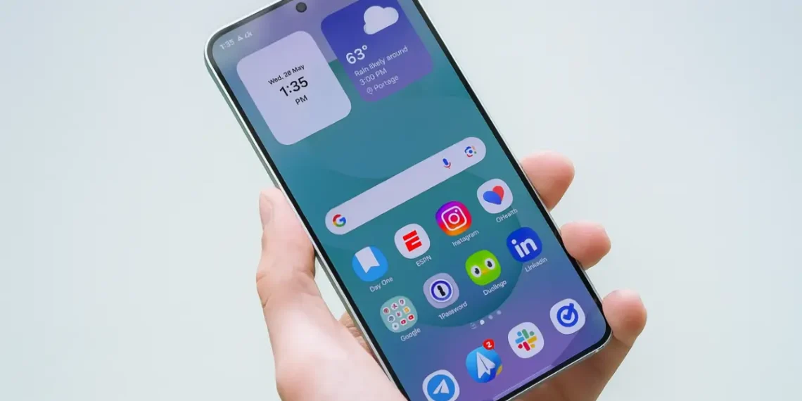 واجهة One UI 8 على هاتف سامسونج تعرض التطبيقات والودجات