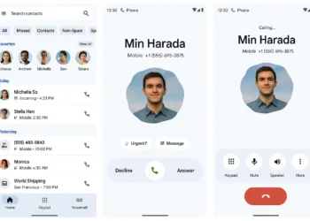 واجهة تطبيق الهاتف على أندرويد بتصميم حديث تعرض جهات الاتصال وسجل المكالمات مع ميزات جديدة لتحسين تجربة المستخدم