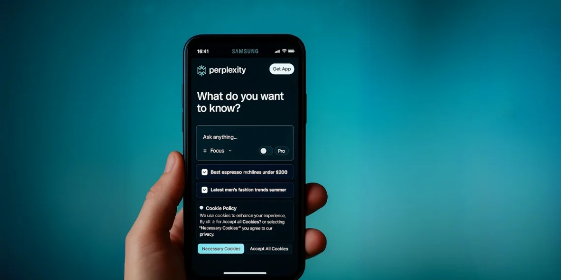 هاتف سامسونج يعرض شاشة رئيسية تحتوي على تطبيق Perplexity المدعوم بتقنيات الذكاء الاصطناعي