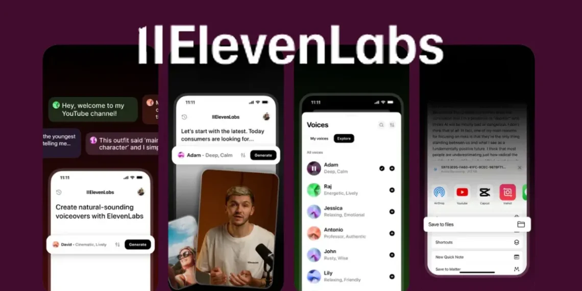 واجهة تطبيق ElevenLabs لتوليد الصوت من النصوص مع خيارات اختيار الصوت وضبط التعبيرات الصوتية
