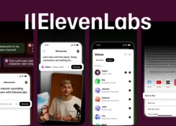 واجهة تطبيق ElevenLabs لتوليد الصوت من النصوص مع خيارات اختيار الصوت وضبط التعبيرات الصوتية