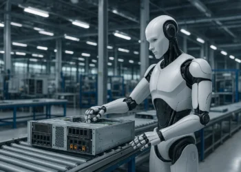 صورة افتراضية تظهر روبوتات بشرية تعمل في مصنع إنفيديا وفوكسكون في هيوستن لإنتاج خوادم الذكاء الاصطناعي GB300