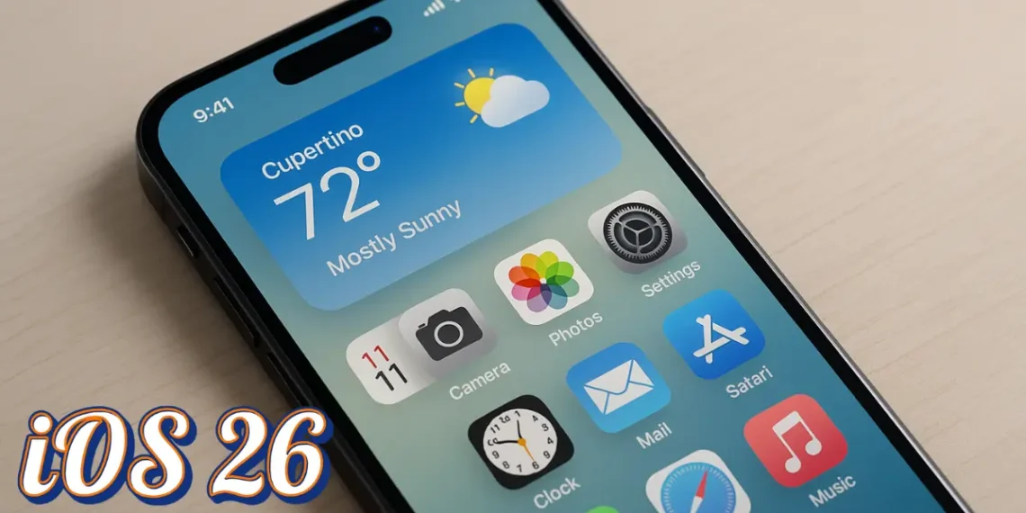 صورة افتراضية لهاتف آيفون يعرض واجهة نظام iOS 26