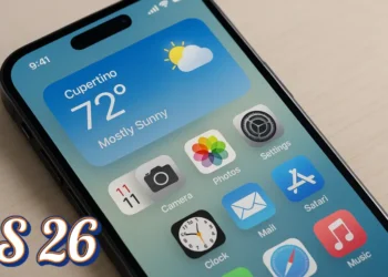 صورة افتراضية لهاتف آيفون يعرض واجهة نظام iOS 26