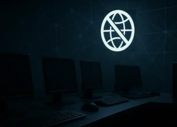 أجهزة حاسوب وشبكة معطلة ترمز إلى انقطاع الإنترنت في إيران بسبب الهجمات السيبرانية والقيود الحكومية