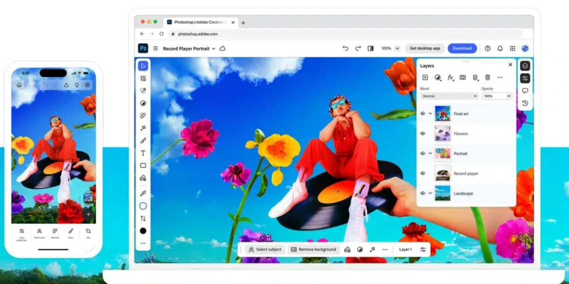 تطبيق فوتوشوب على أندرويد يعرض أدوات تحرير احترافية تشمل الطبقات والتحديد الذكي والملء التوليدي باستخدام الذكاء الاصطناعي - مصدر الصورة: فوتوشوب