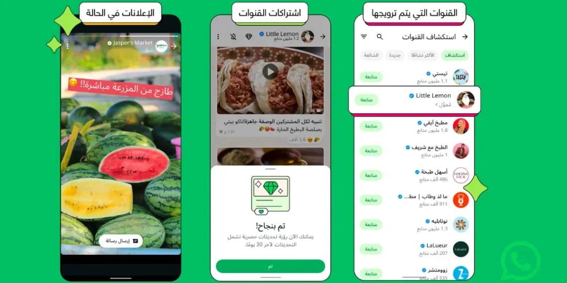 واجهة تطبيق واتساب تعرض تبويب التحديثات وفيه إعلانات الحالة، ضمن خطوة جديدة تشير إلى أن واتساب تبدأ عرض الإعلانات لأول مرة