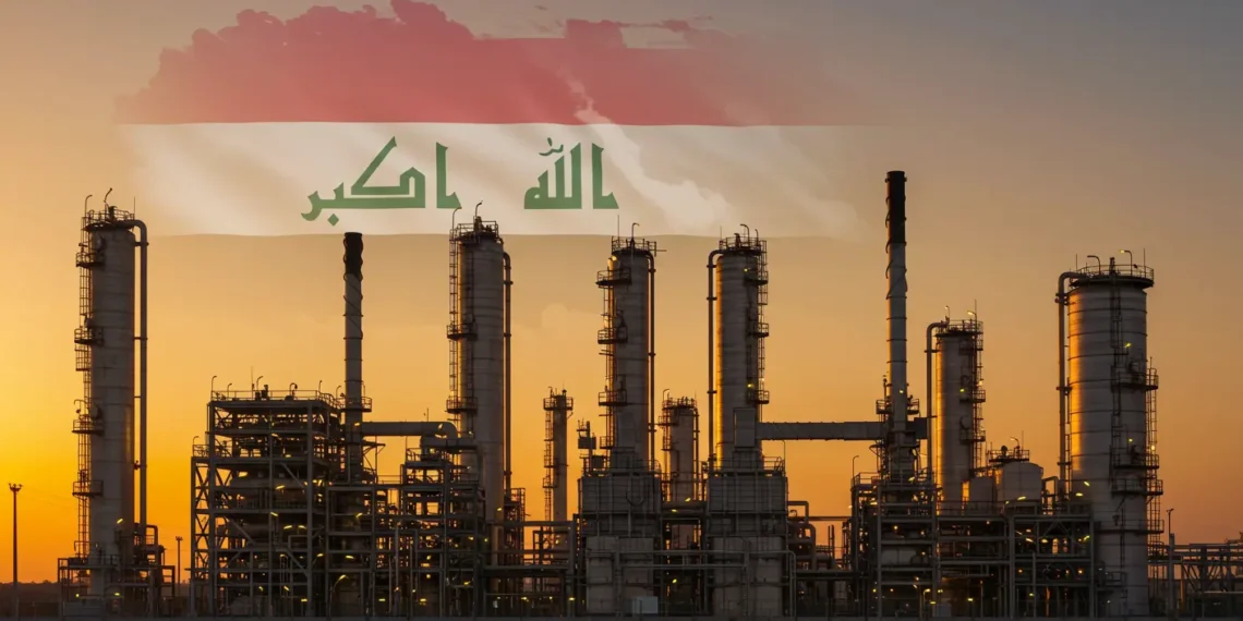 مدخنة نفطية تشتعل في أحد الحقول العراقية، تعكس توجه العراق نحو الاستثمار في مصافٍ خارجية لتعزيز صادرات النفط وتنويع الإيرادات