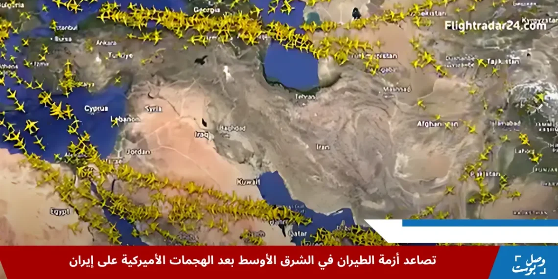 خريطة من موقع Flightradar24 تُظهر خلو المجال الجوي الإيراني والعراقي من الطائرات التجارية، بينما تتركز حركة الطيران حولهما عبر أجواء تركيا ومصر والخليج، في ظل تصاعد التوترات في الشرق الأوسط.