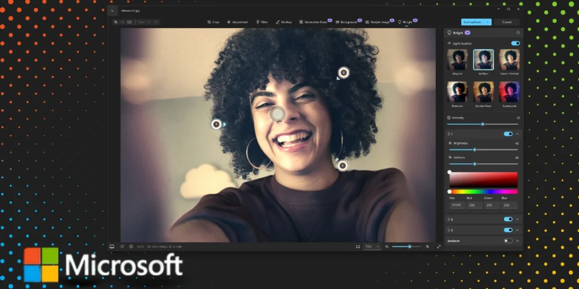 واجهة تطبيق الصور ويندوز 11 مع عرض ميزة Relight وأدوات بحث ذكية لتحسين تجربة تعديل الصور